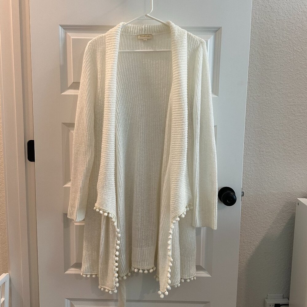 Cream Modcloth "Custom Cocoa" open knit belted sweater with pompom trim size 1x